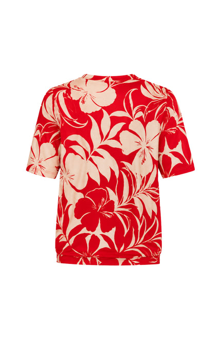 Travel Top Pleated Tropical Hisbiscus Print Red 202815