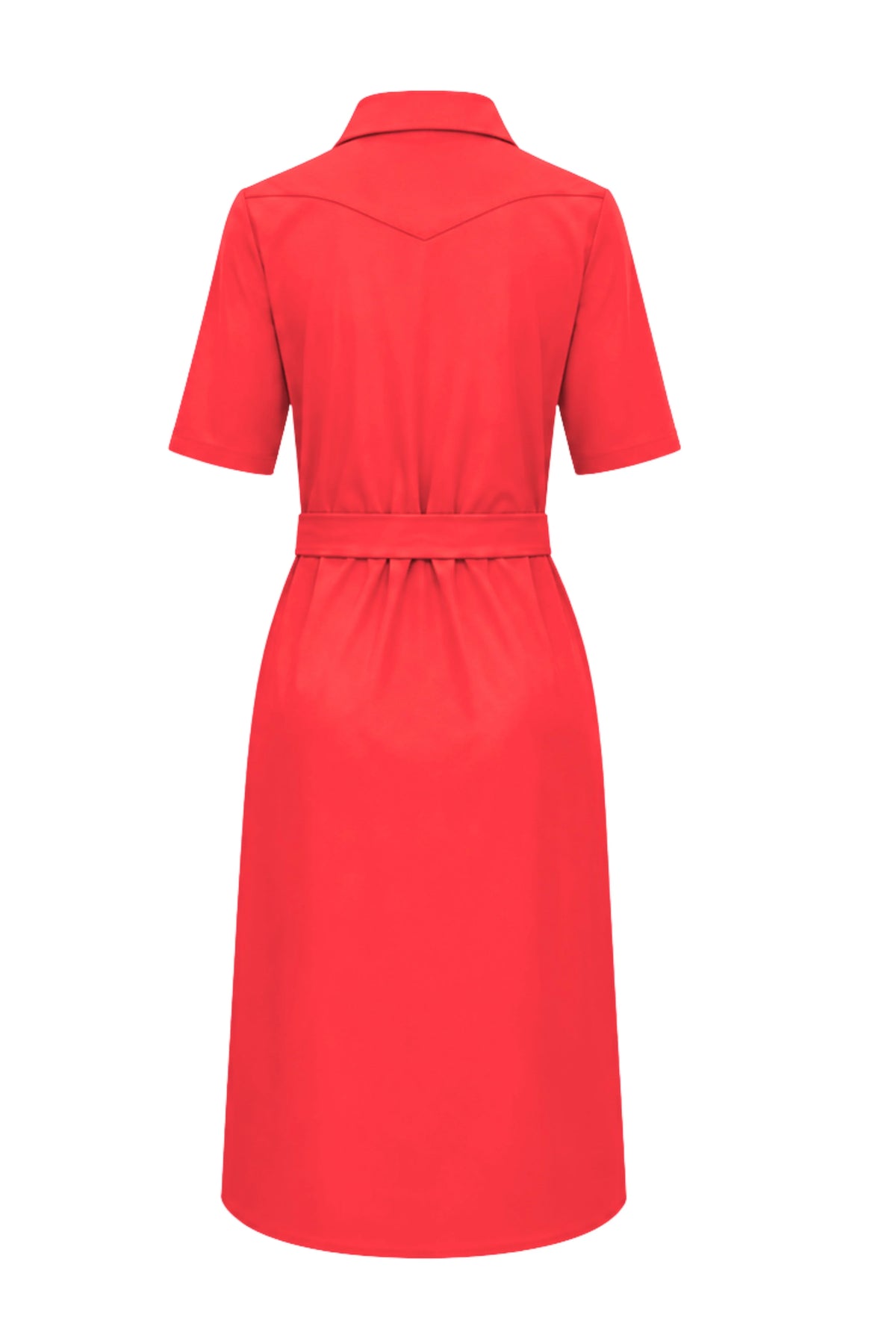 Rode reisjurk van Mi Piace met elegante snit en korte mouwen, geschikt voor zomerse gelegenheden.