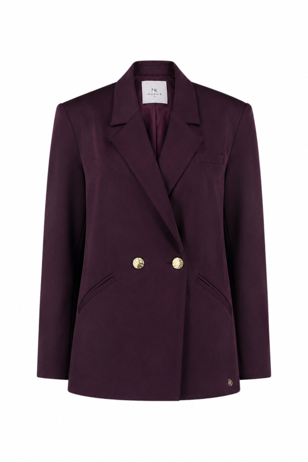 Blazer Darcey Cherry van Nukus, donkerrode damesblazer met knoopsluiting en stijlvolle pasvorm, close-up van de voorkant.