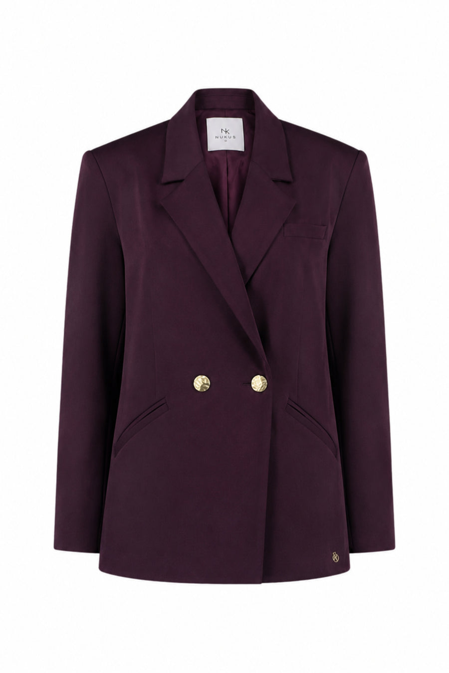 Blazer Darcey Cherry van Nukus, donkerrode damesblazer met knoopsluiting en stijlvolle pasvorm, close-up van de voorkant.
