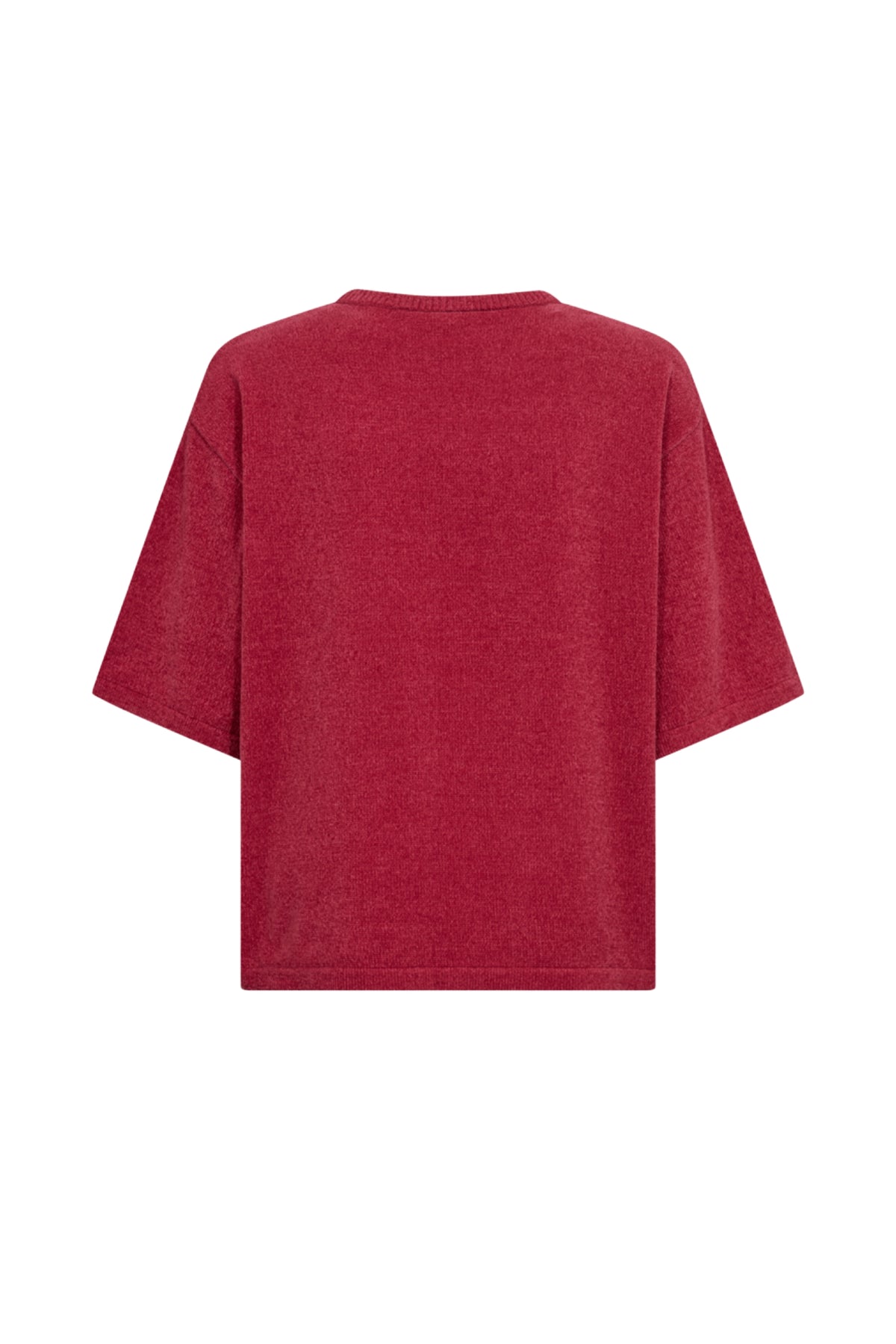 Roze trui Freequent Fqtempo Red Bud 211511 met ronde hals en comfortabele pasvorm, gedragen door een model.