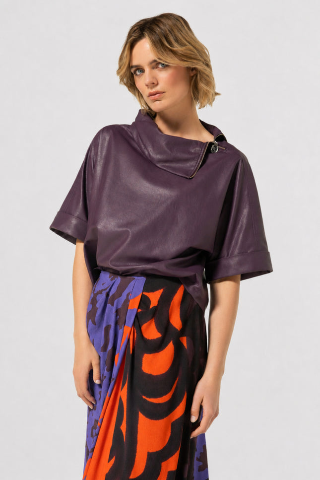 Blouse Vegan Leather Rits Plum 4609-45