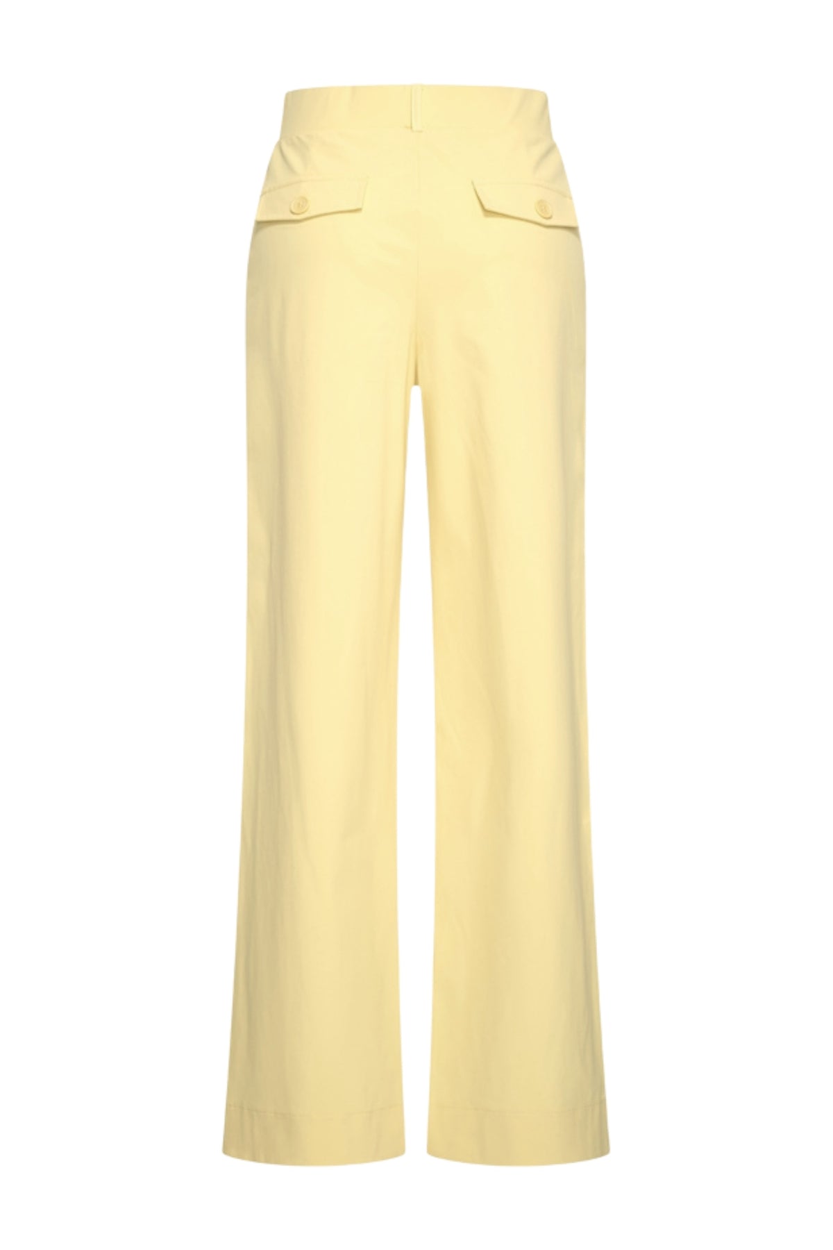 Lichte reisbroek van Mi Piace in opvallend lemon geel, met comfortabele pasvorm en praktische details voor reizen.