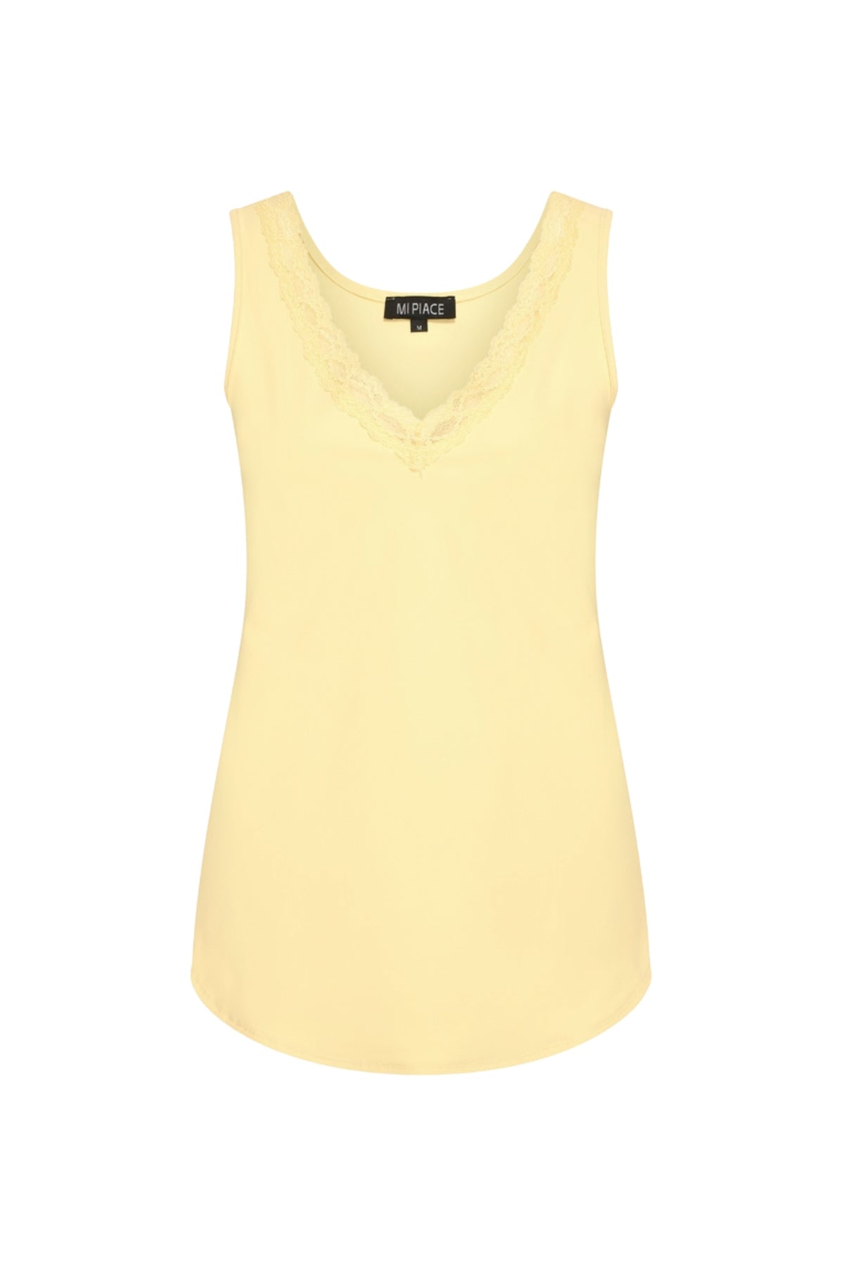 Lichte gele Travel Top van Mi Piace met korte mouwen en ronde hals, geschikt voor reizen en casual dragen.