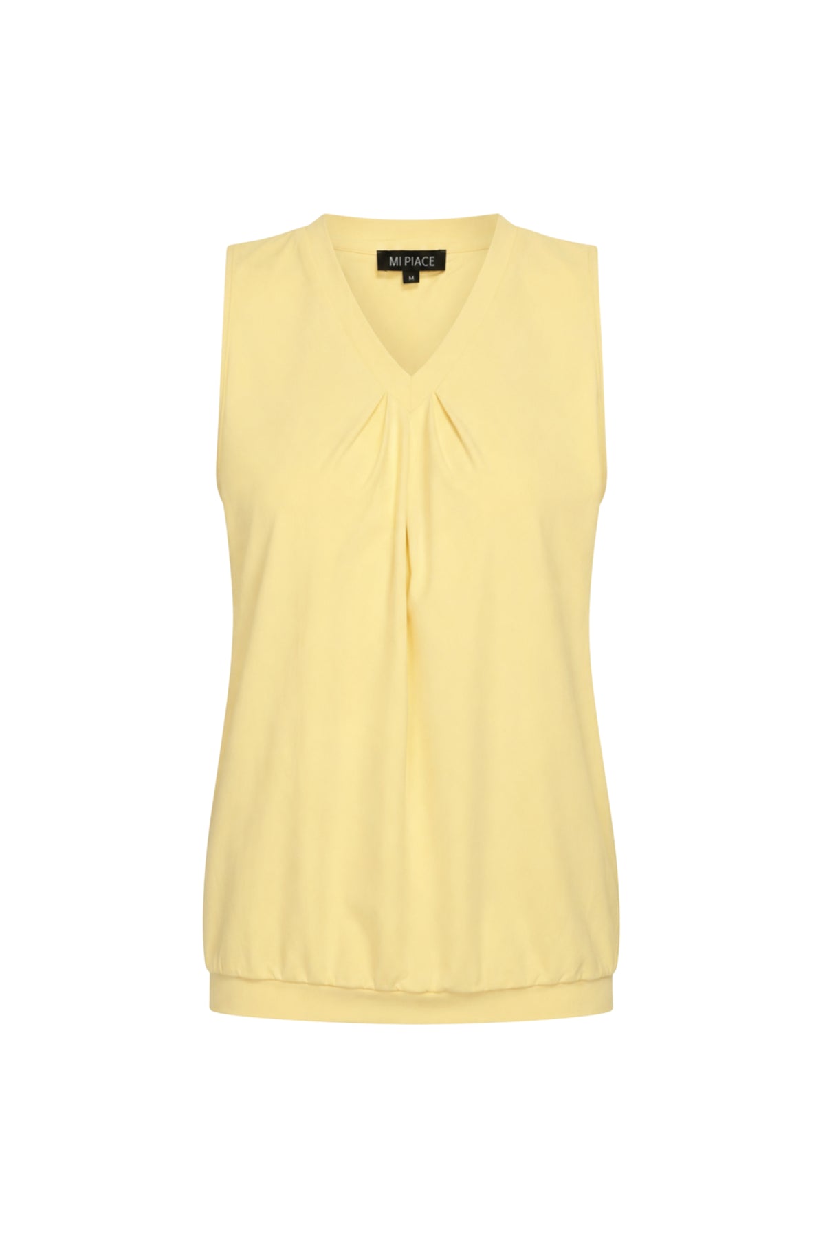 Lemon gele travel top met plooien van het merk Mi Piace, zichtbaar in de afbeelding.
