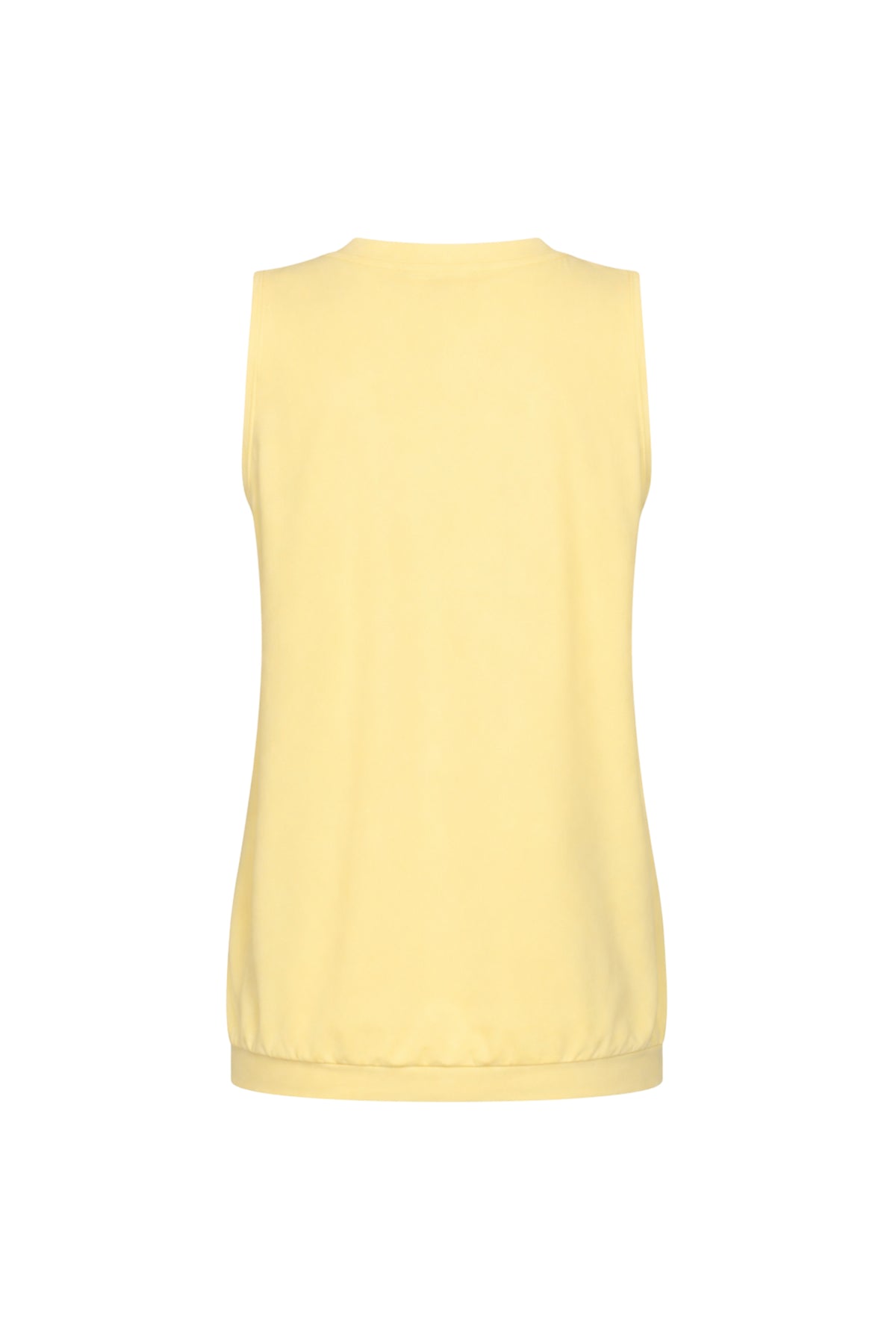 Lemon gele reis top met plooien van Mi Piace, close-up afbeelding van de stijlvolle, ademende top voor dames.