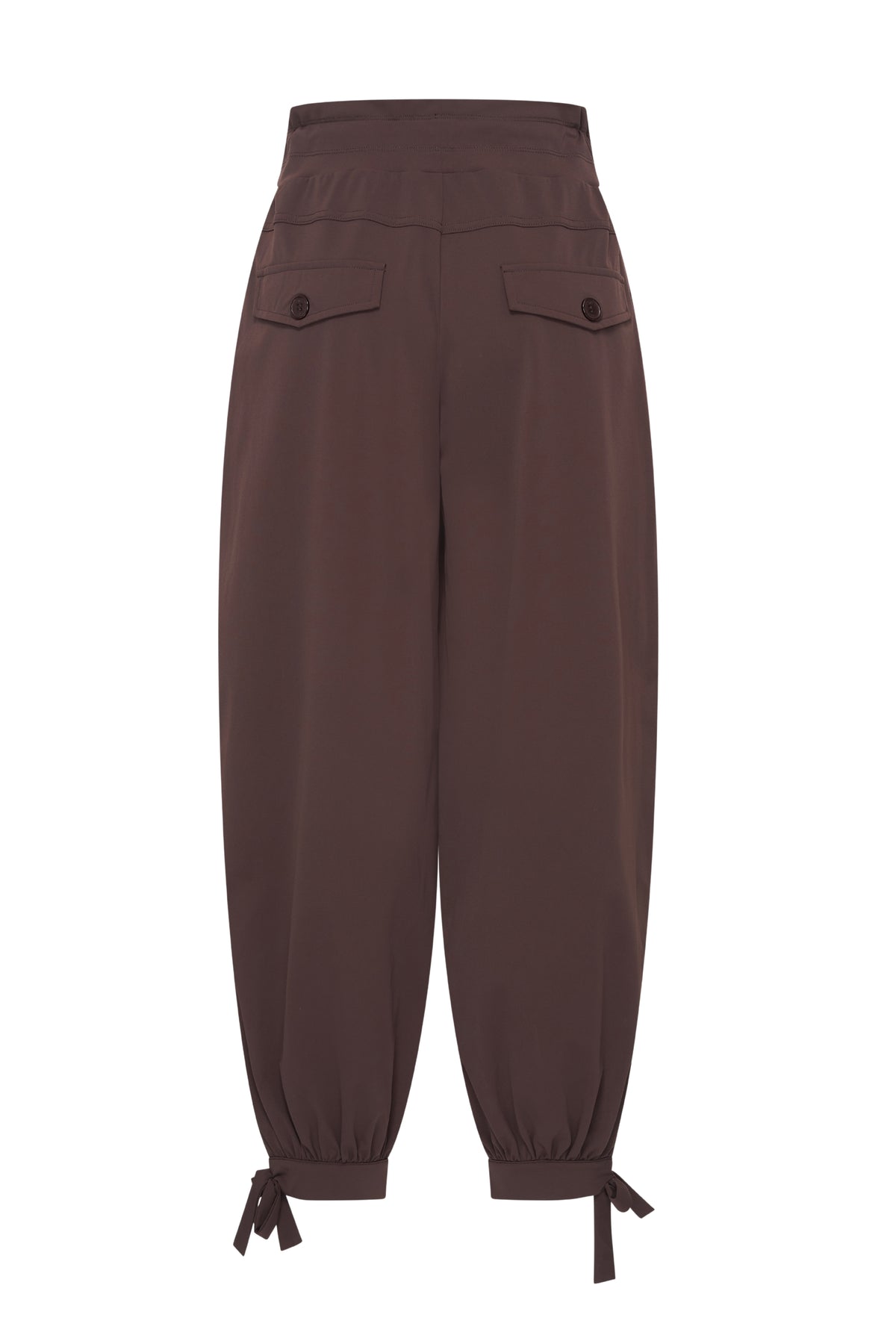 Mi Piace travel balloon bottom bow broek in espresso met ballonhals en strikdetails, comfortabele en stijlvolle damesbroek.