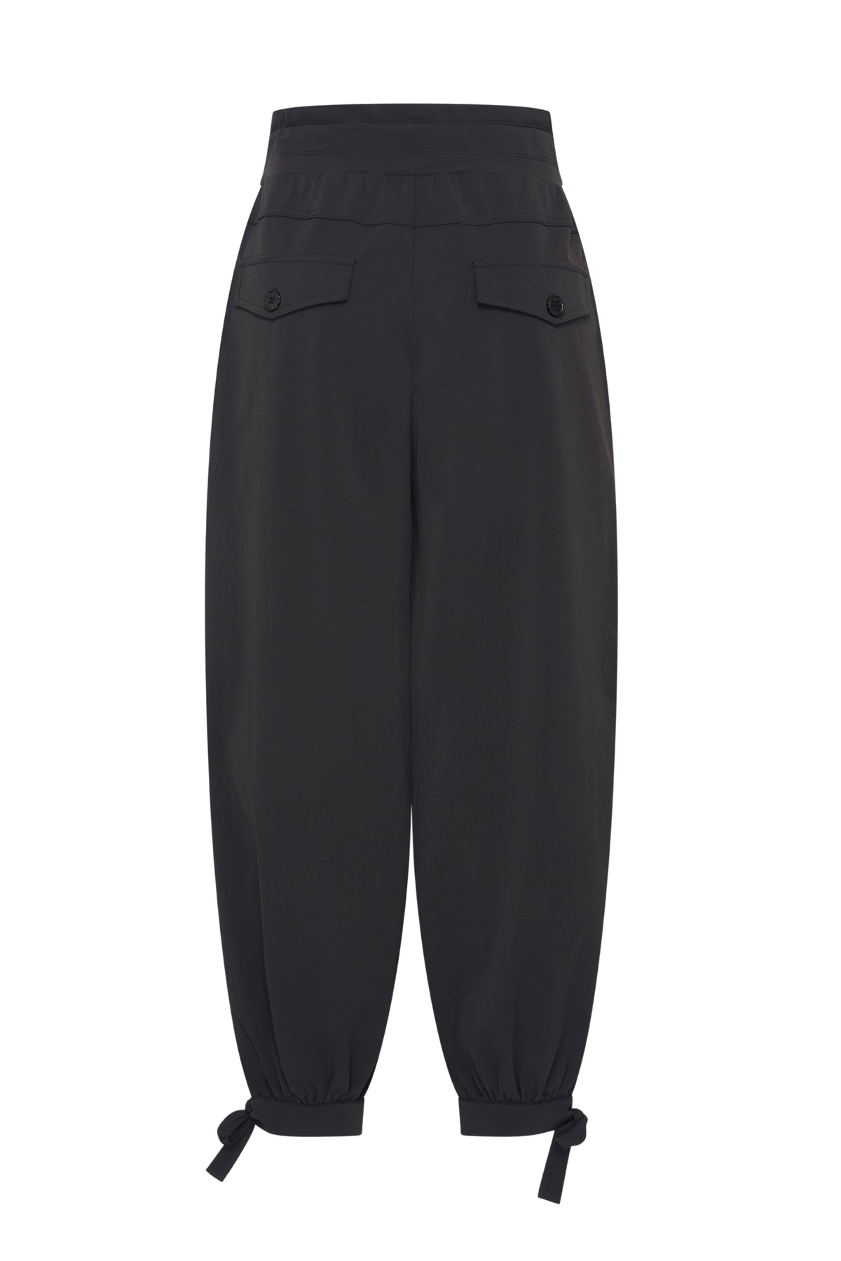 Zwarte Travel Balloon Bottom Bow broek van Mi Piace, getailleerd model met ballonvorm en strikdetail aan de taille.