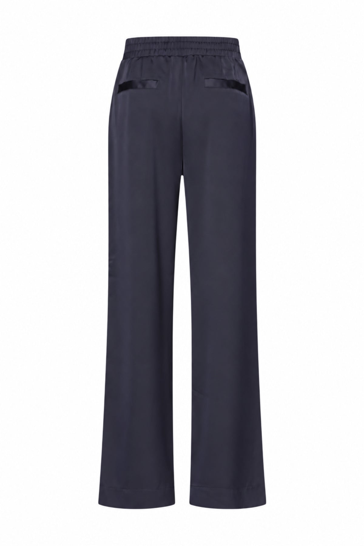 Navy satijnen broek van Mi Piace met gladde stof en rechte snit, gelegen op een effen achtergrond.