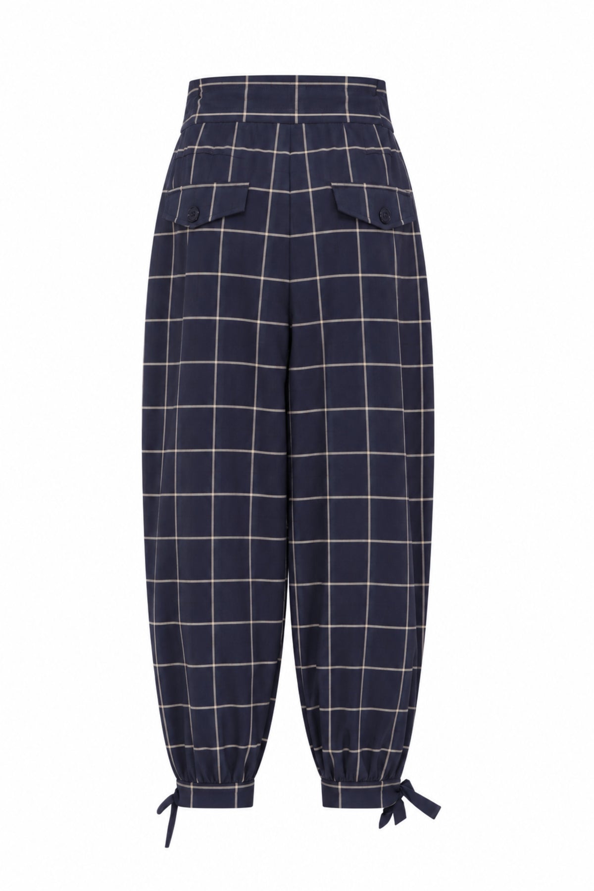Navy blauwe reisbroek van Mi Piace met ballonmodel, strikdetail en print, geschikt voor comfortabel en stijlvol reizen.