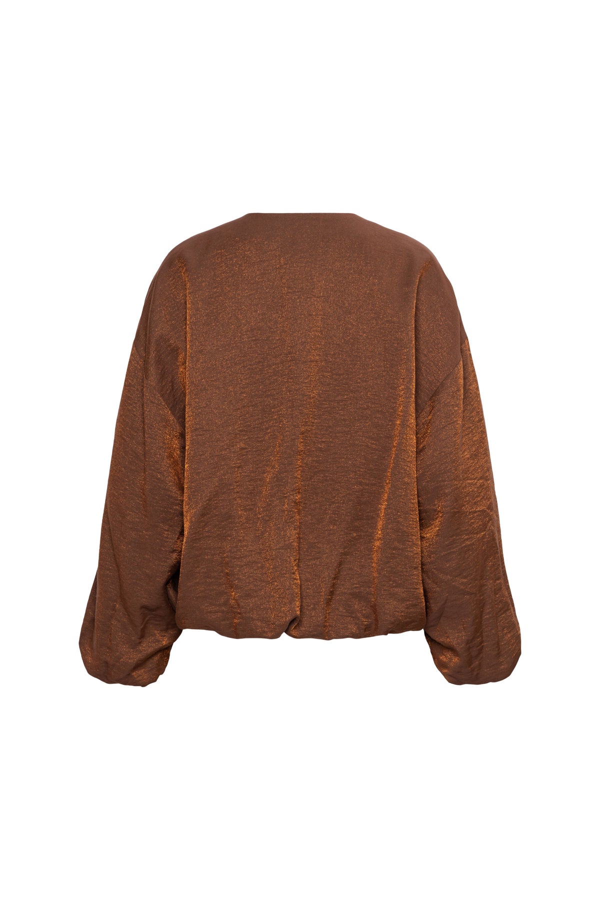 Zarina Copper jacket voor dames van &Co woman, donkerbruin met stijlvolle pasvorm en korte mouwen, op een witte achtergrond.