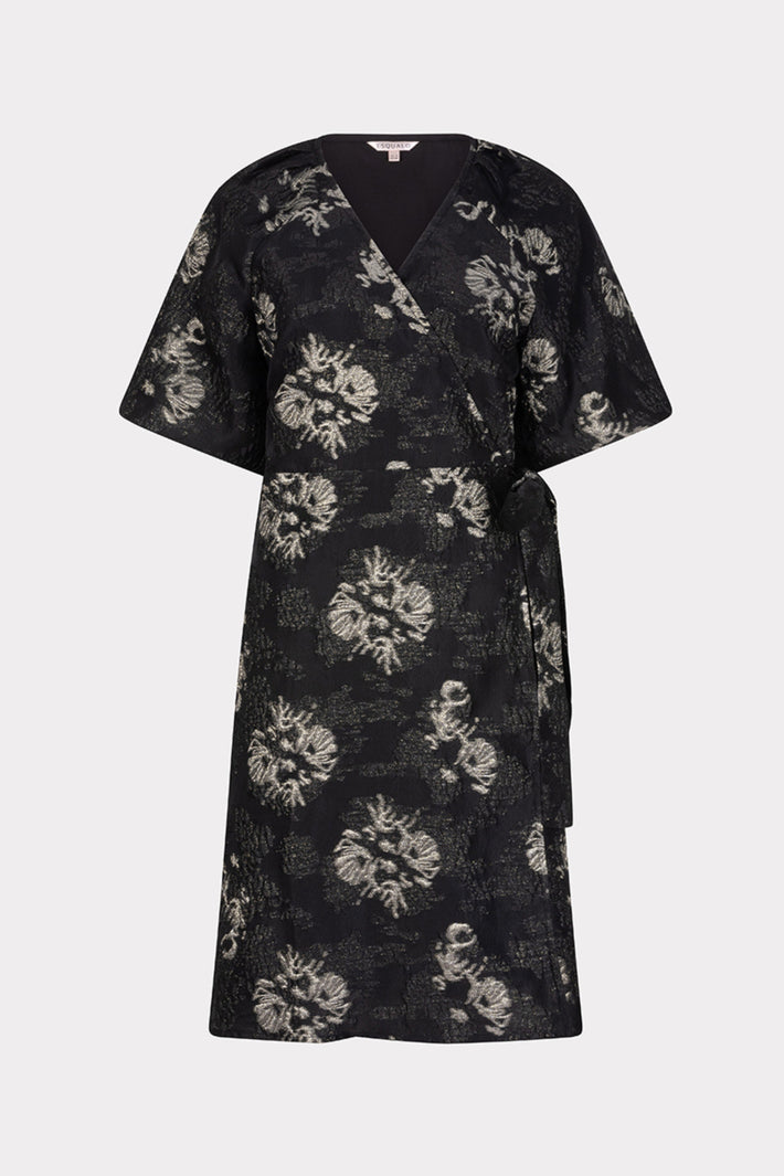 Zwarte jacquard jurk van EsQualo met elegante patroon, korte mouwen en getailleerde pasvorm.