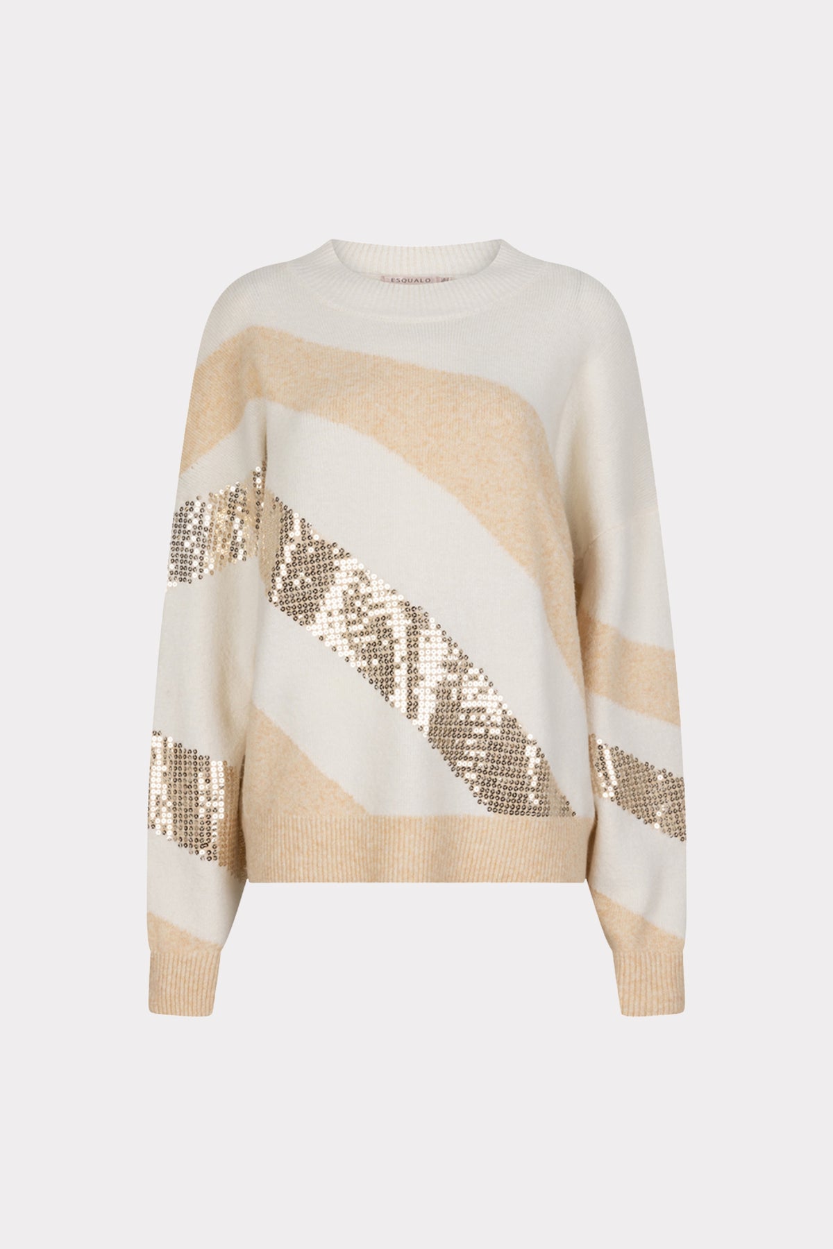 Offwhite EsQualo sweater met diagonale pailletten, elegante en glanzende details, comfortabele pasvorm, geschikt voor casual en feestdagen.
