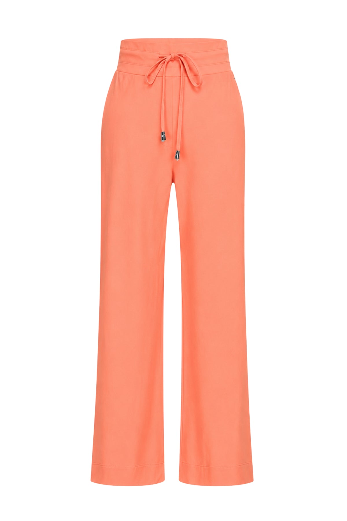 Zwarte flared reisbroek van Mi Piace met coral kleurige details, comfortabele pasvorm en stijlvolle uitstraling.