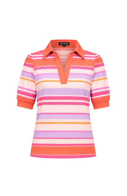 Travel Top Polo Summer Stripe Print Coral 202853