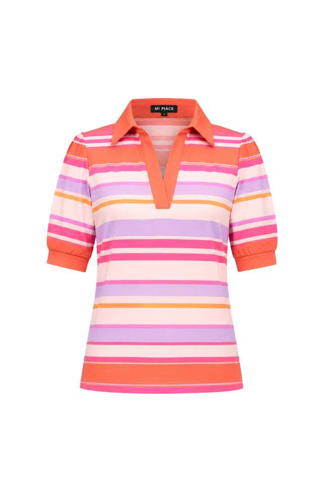 Travel Top Polo Summer Stripe Print Coral 202853