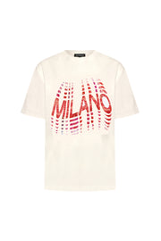 Mi Piace travel T-shirt Milano in rood en koraal met offwhite details, zachte katoen, casual stijl, voor comfortabele reizen.