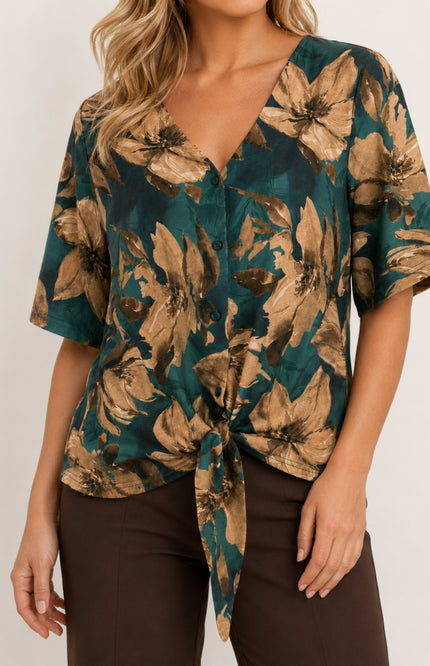 Blouse Strik Bloemenprint Taupe 166689