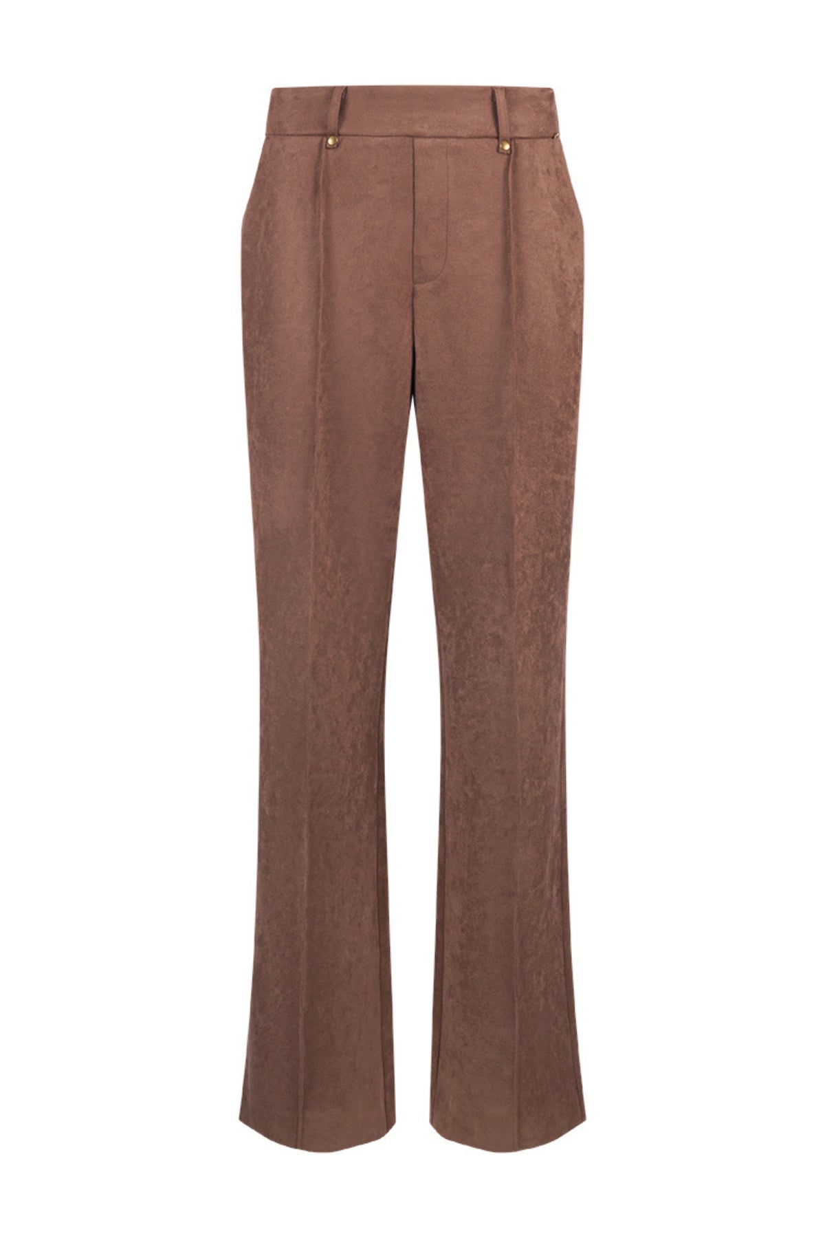 Taupe Jill suède broek van Nukus, getoond in de webshopafbeelding, met een stijlvolle pasvorm en zachte textuur.