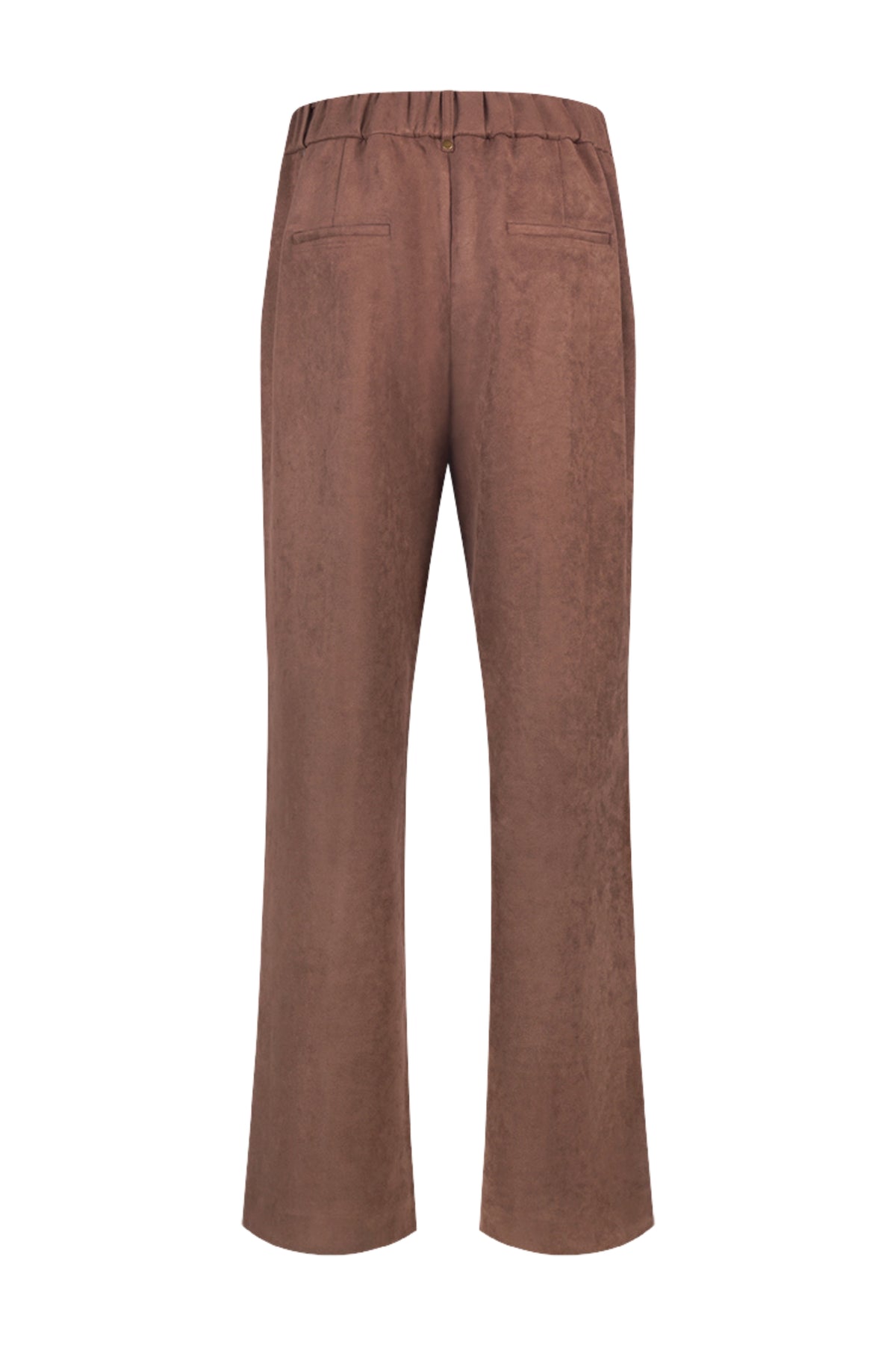 Taupe Nukus Jill Suedine broek, elegante damesbroek met suède uitstraling, zichtbaar in de afbeelding.
