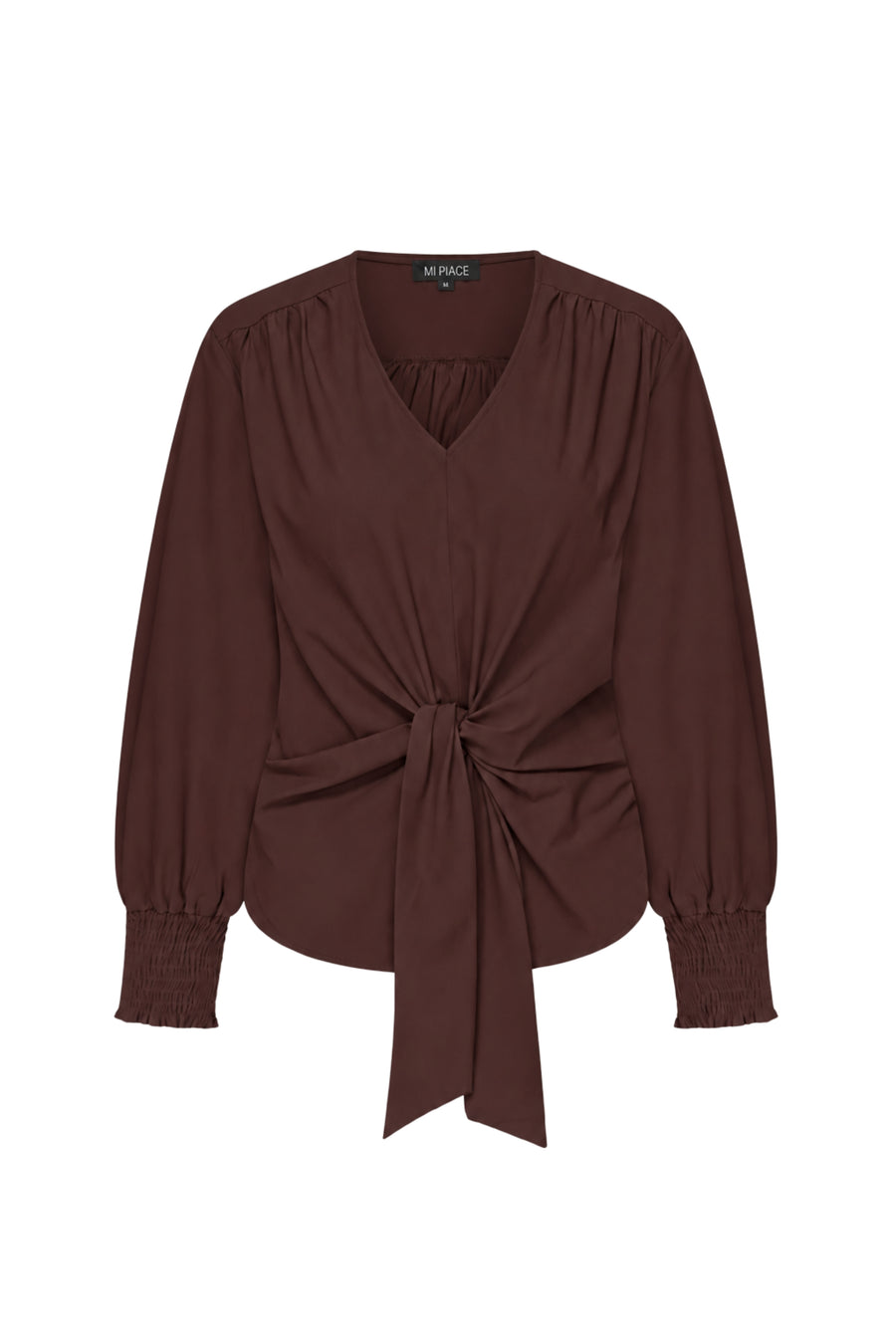 Mi Piace Travel Top Knotted Espresso, casual damestop met knoopdetail, lichtgewicht en comfortabel geschikt voor reizen.