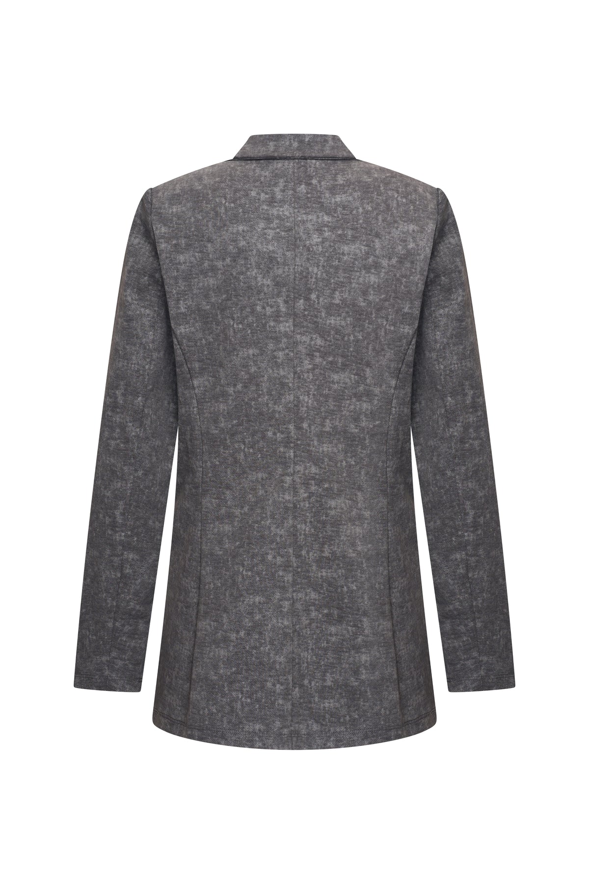 Donkergrijze reisblazer van Mi Piace met steenfolieprint, getoond op een model met openkraag en lange mouwen.