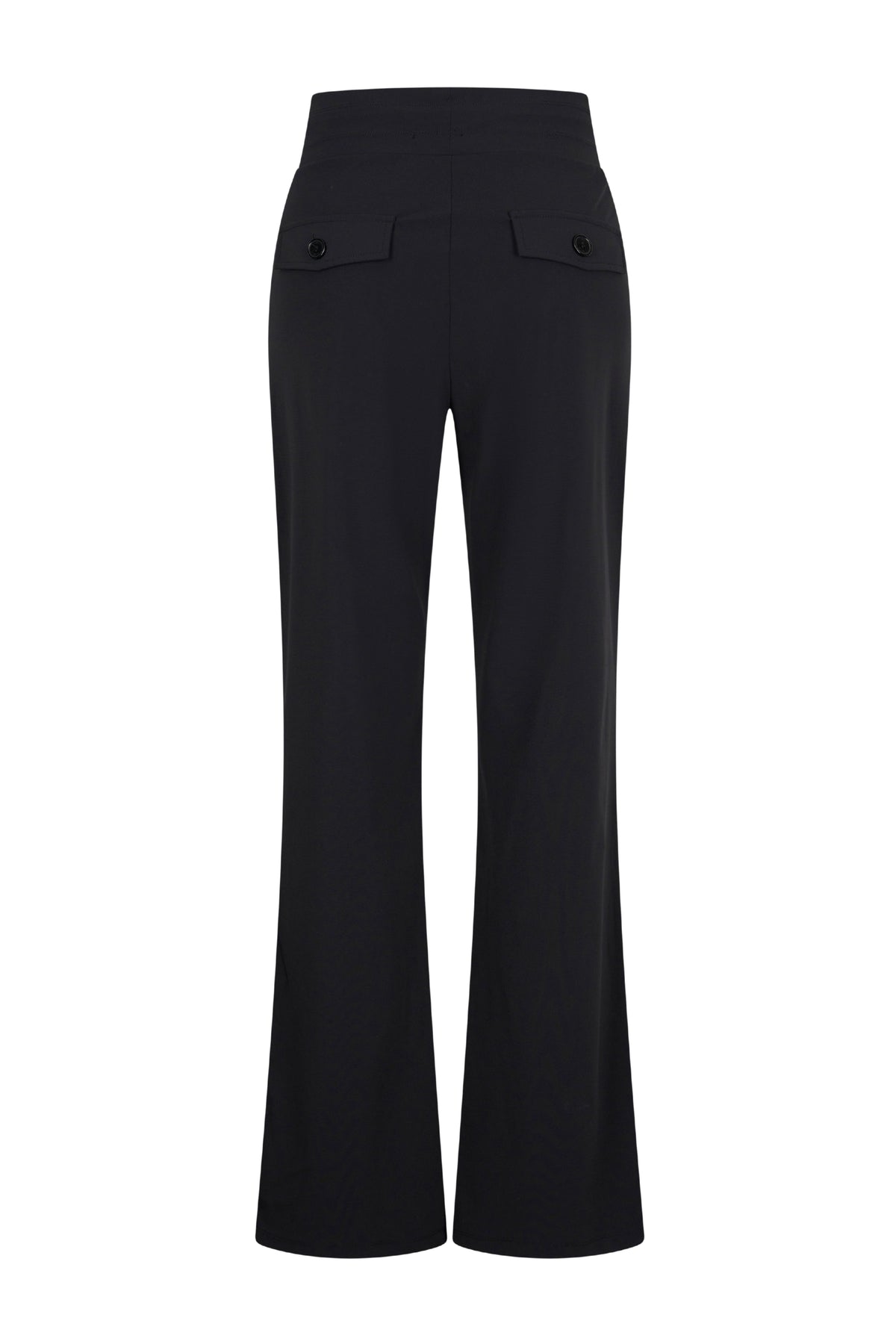 Zwarte flared travel broek van Mi Piace met een losse pasvorm en comfortabele stof, geschikt voor reizen en casual dragen.