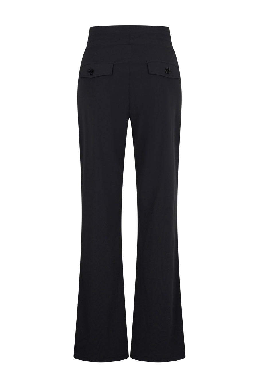 Zwarte flared travel broek van Mi Piace met een losse pasvorm en comfortabele stof, geschikt voor reizen en casual dragen.