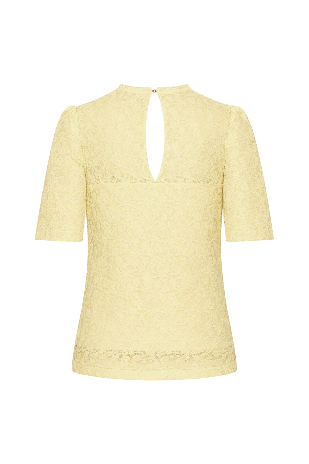 Lemon gele reis top van Mi Piace met kanten details, gedragen door een model, zichtbaar op de afbeelding.