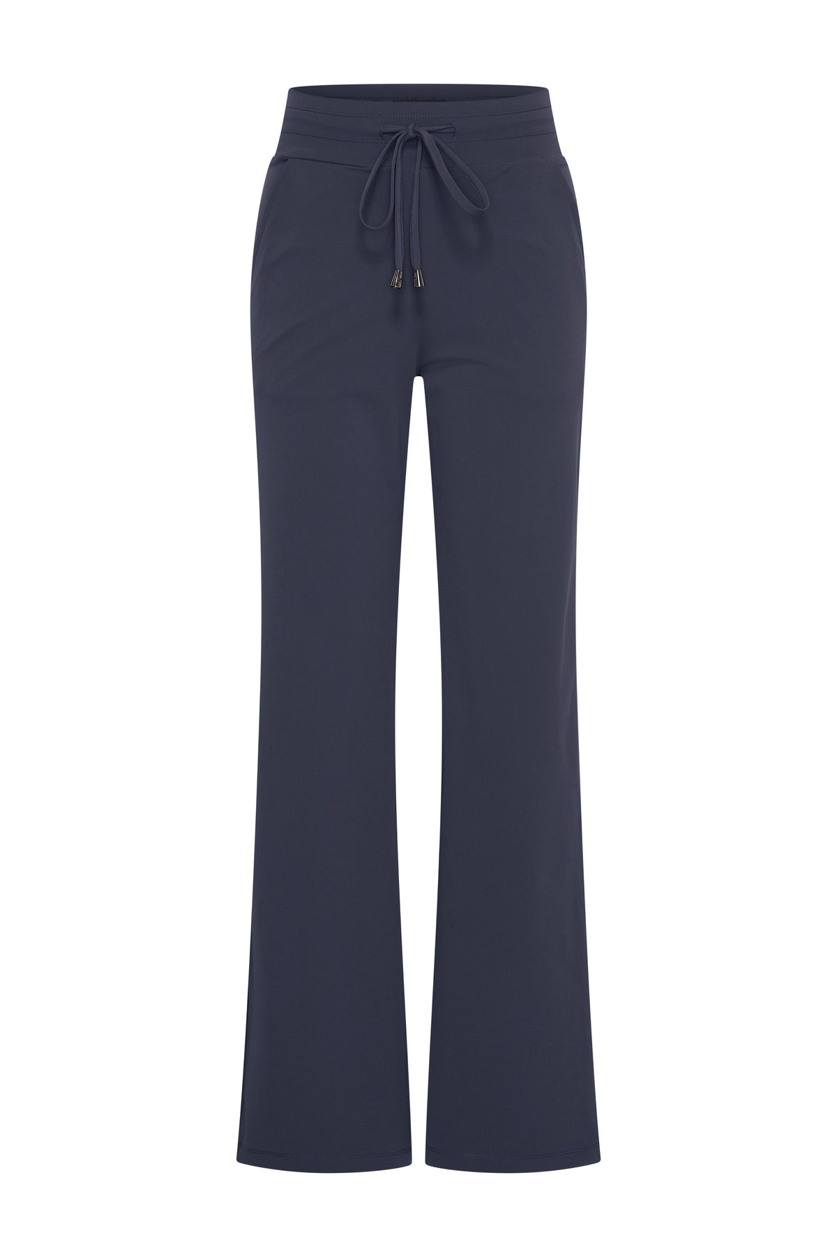 Zware reisbroek van Mi Piace in navy met flared pasvorm, geschikt voor comfortabel reizen en casual dragen.