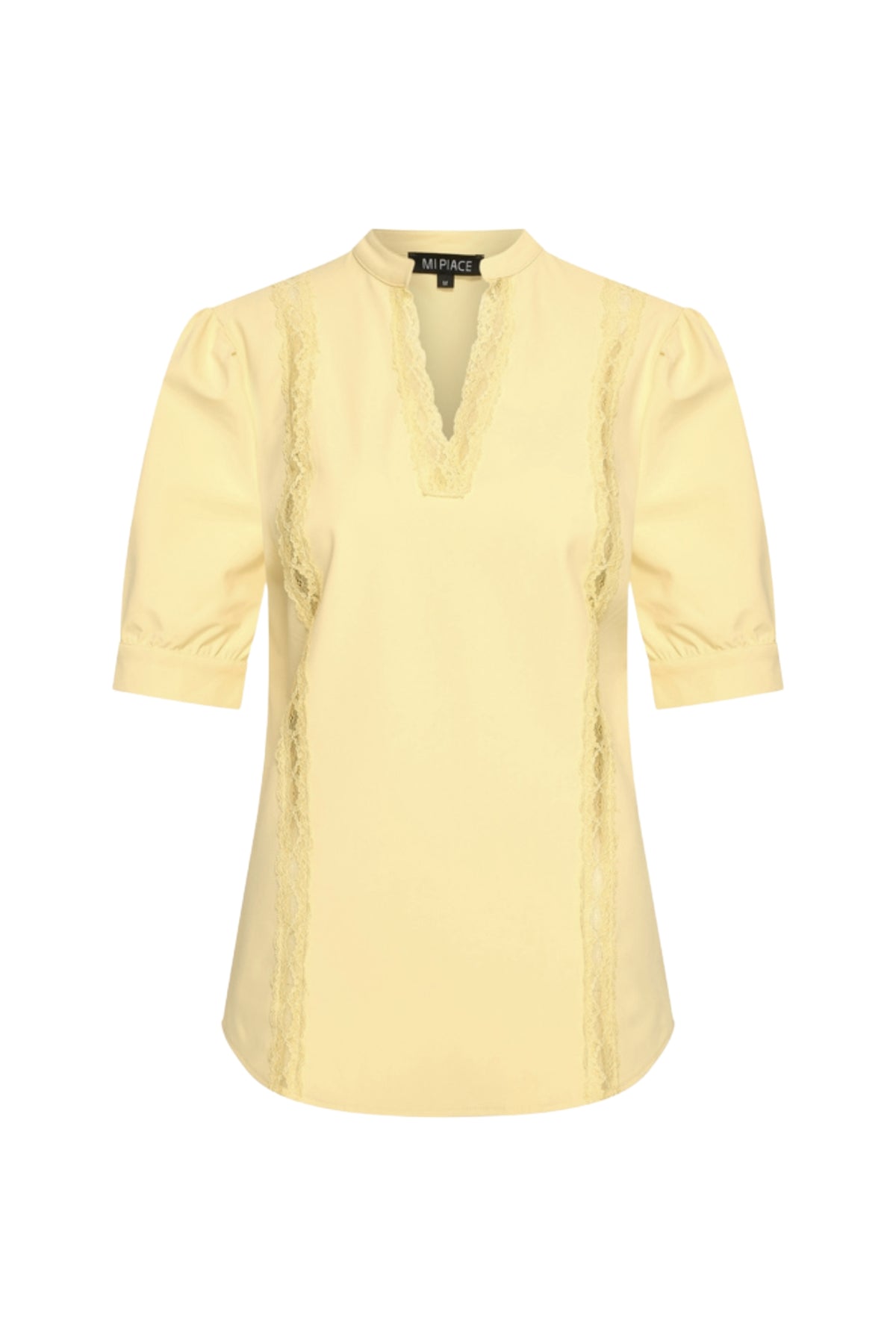 Lemon gele reis top met kanten details van Mi Piace, zichtbaar op de afbeelding.