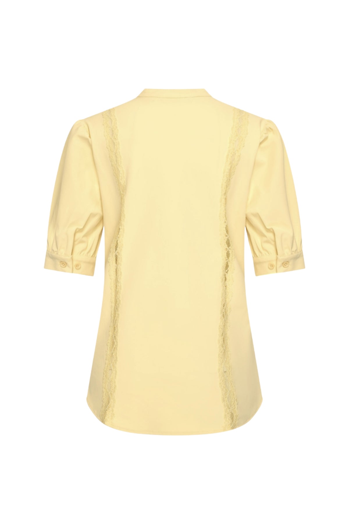 Lemon gele reis top van Mi Piace met kanten details, getoond op een model. Perfect voor zomerse outfits.