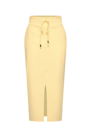 Lemon gele heavy travel rok van Mi Piace, stevige stof en tailleband, geschikt voor reizen en casual draagstijl.