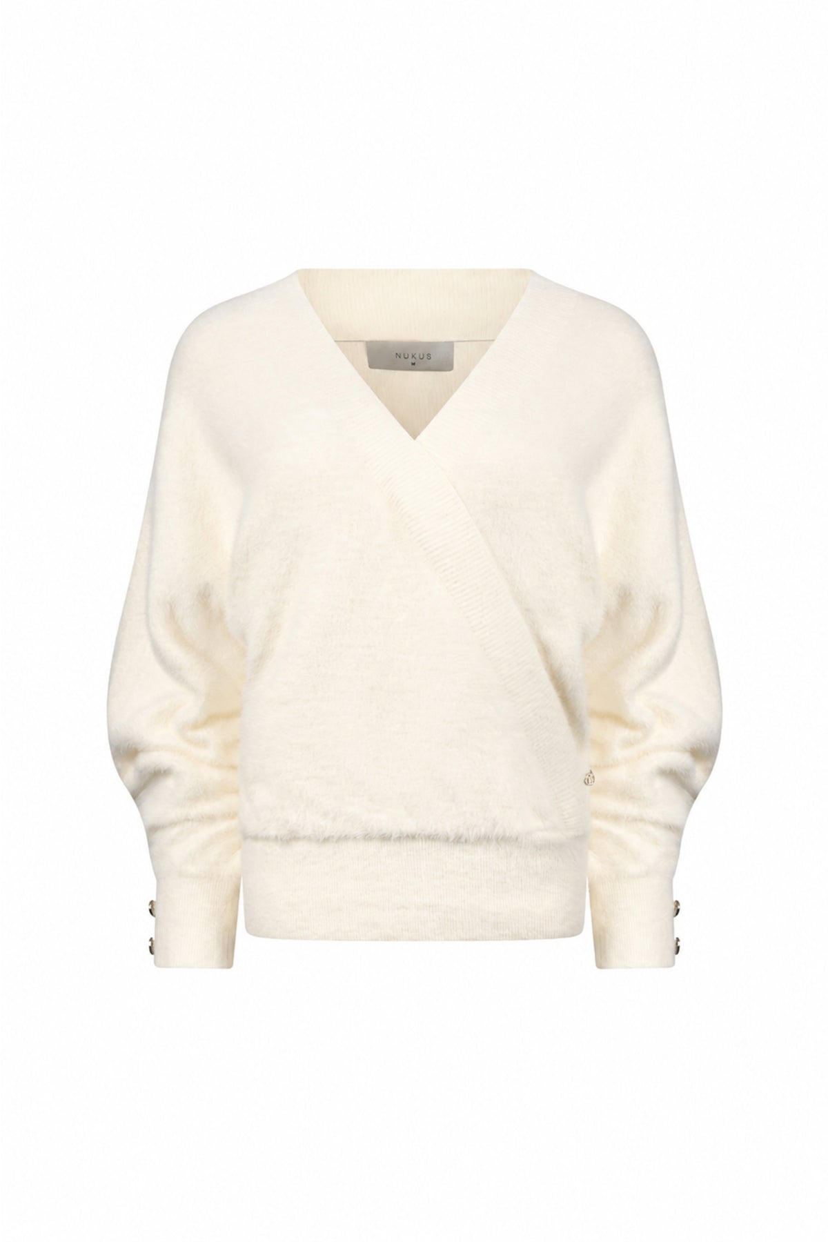 Offwhite Nukus Beau Wrap trui met losse pasvorm en V-hals, getoond op een model.