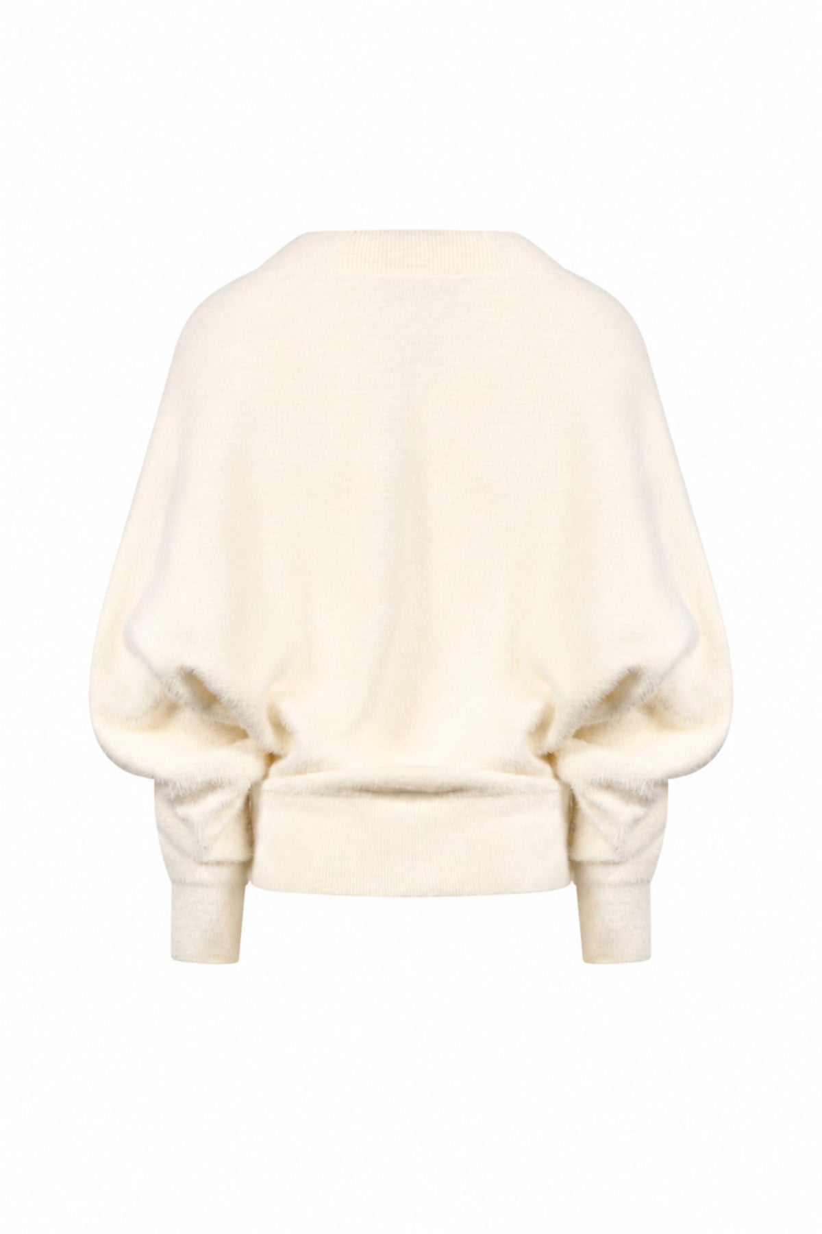 Offwhite Nukus Trui Beau Wrap met lange mouwen en zachte stof, gedragen door een model op een neutrale achtergrond.