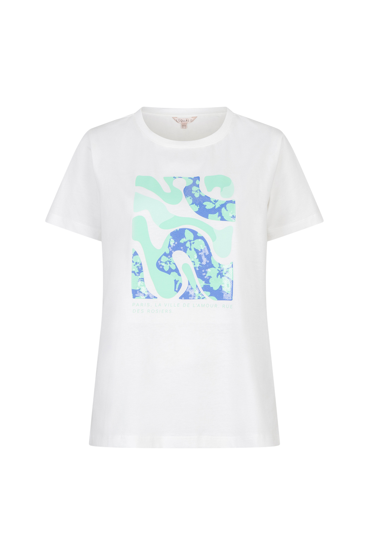 Offwhite mint T-shirt van EsQualo met Parijs-ontwerp, gekleed op een model, zichtbaar met ronde hals en korte mouwen.
