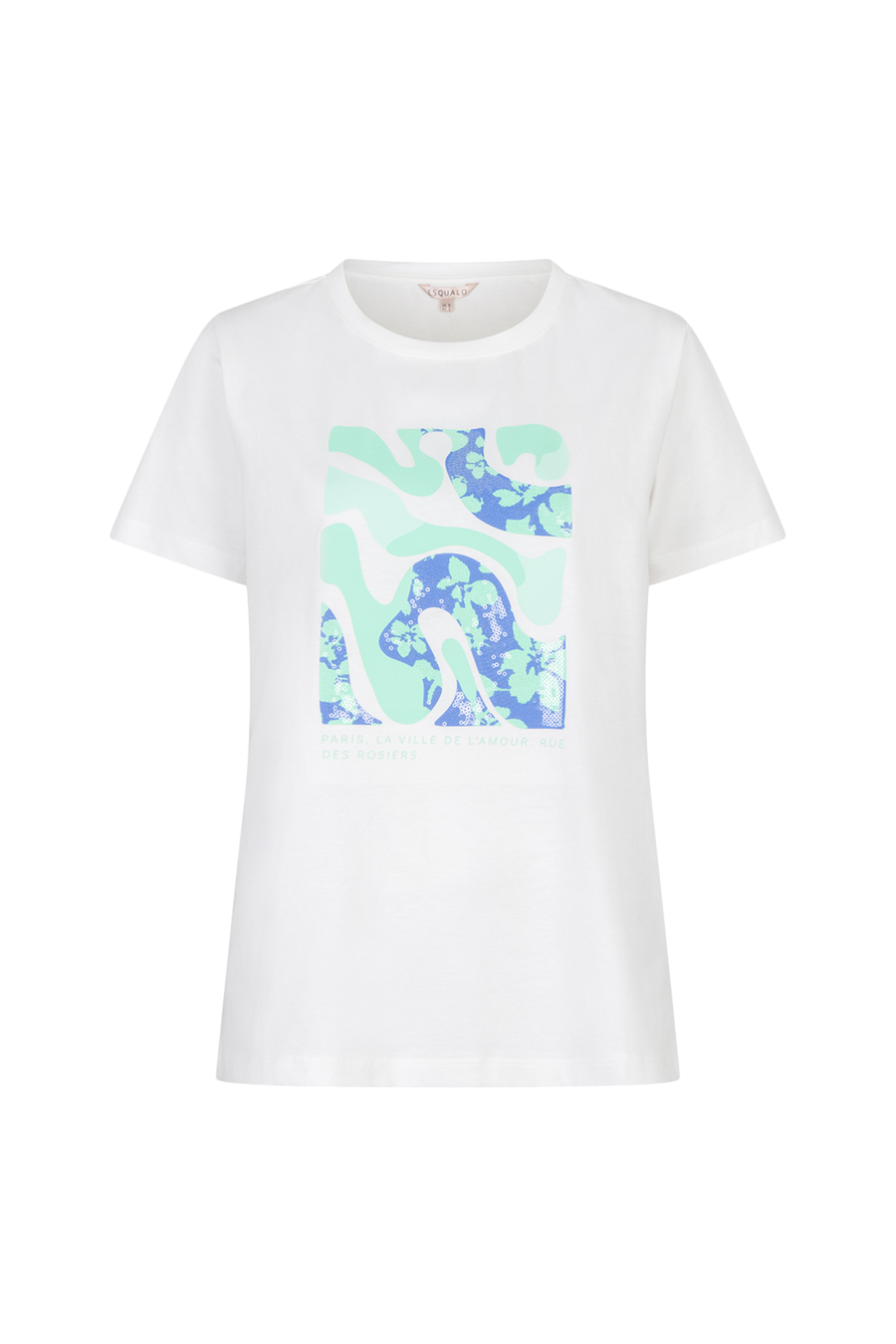 Offwhite mint T-shirt van EsQualo met Parijs-ontwerp, gekleed op een model, zichtbaar met ronde hals en korte mouwen.