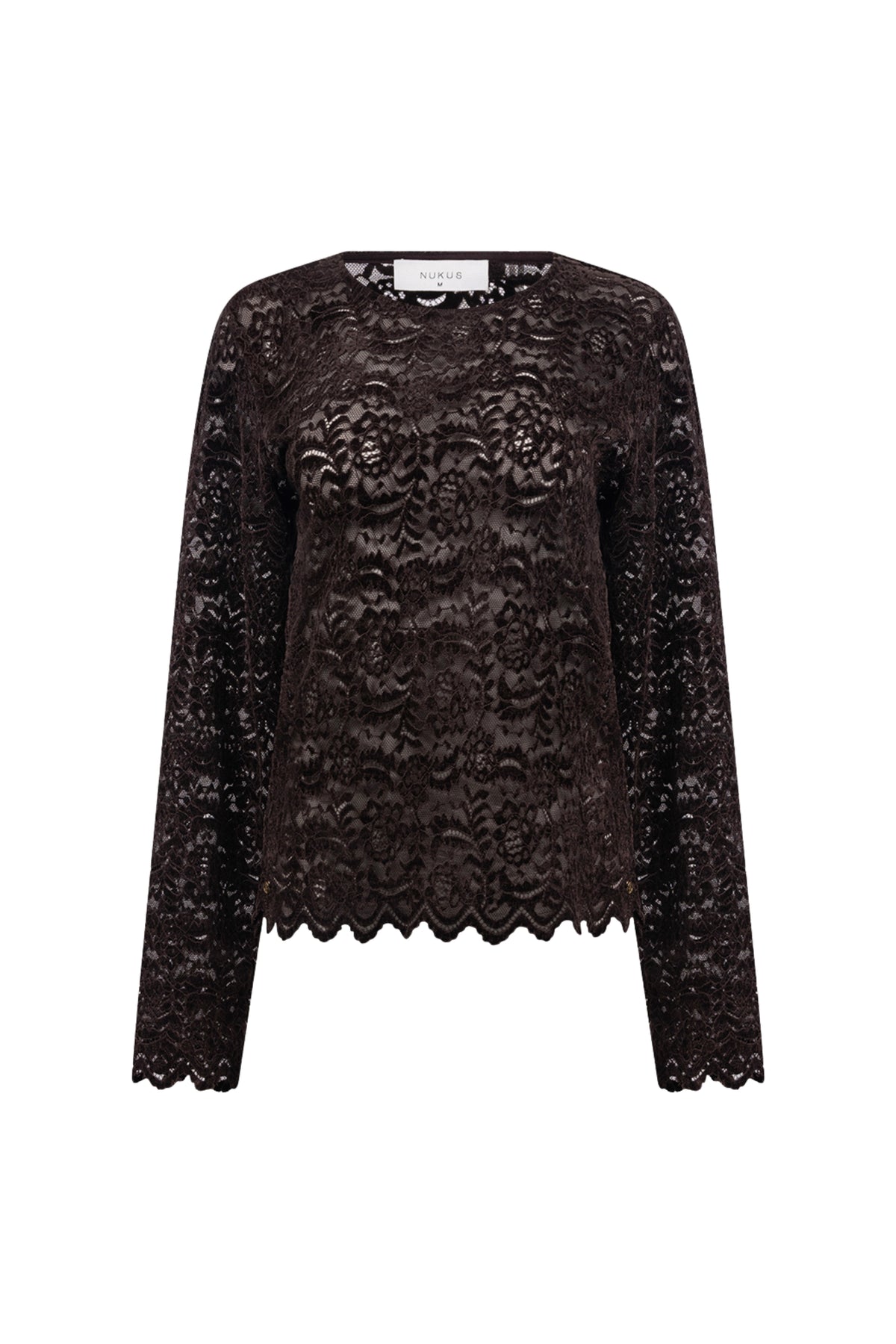 Nukus Wies Lace Chocolate top met kanten details, zichtbaar in de webshopafbeelding, in een elegante chocoladebruine kleur.