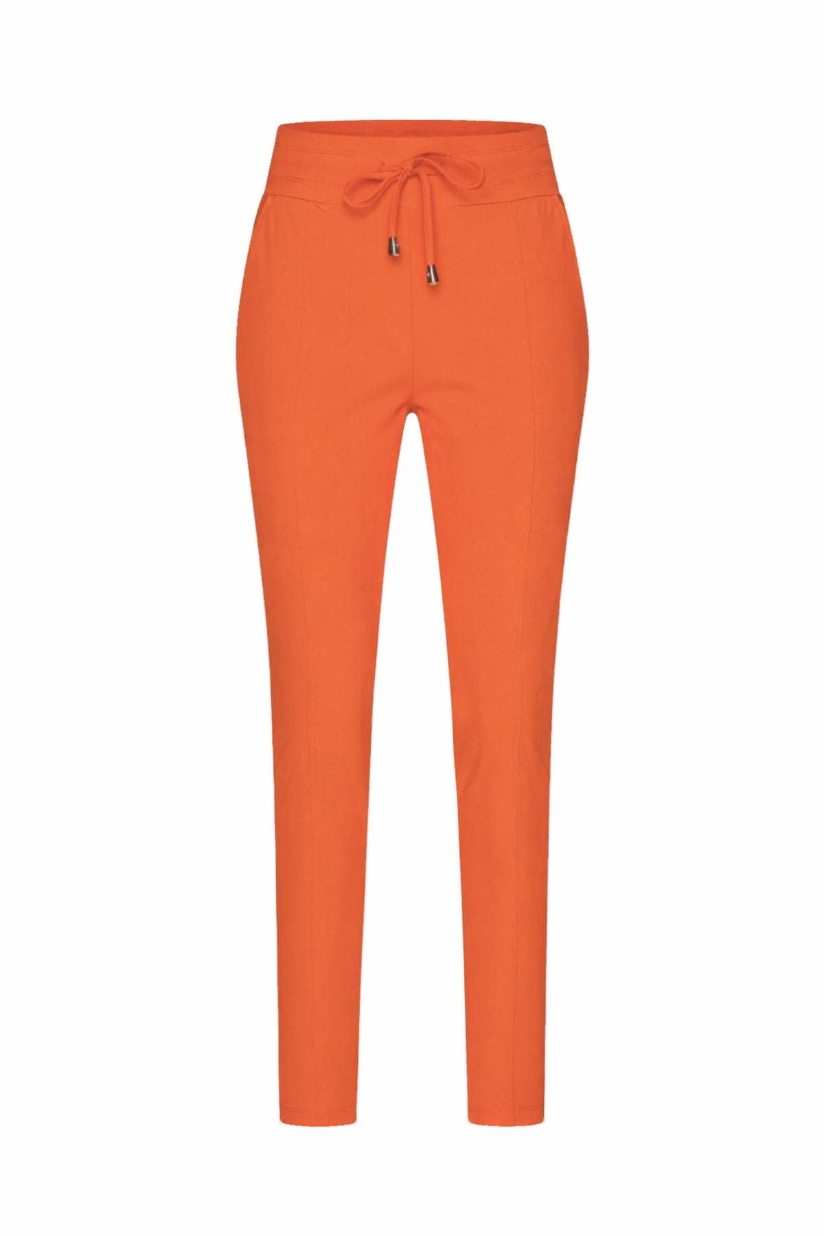 Oranje reisbroek van Mi Piace, comfortabel en stijlvol, met elastische taille en praktische zakken voor reizen en vakanties.