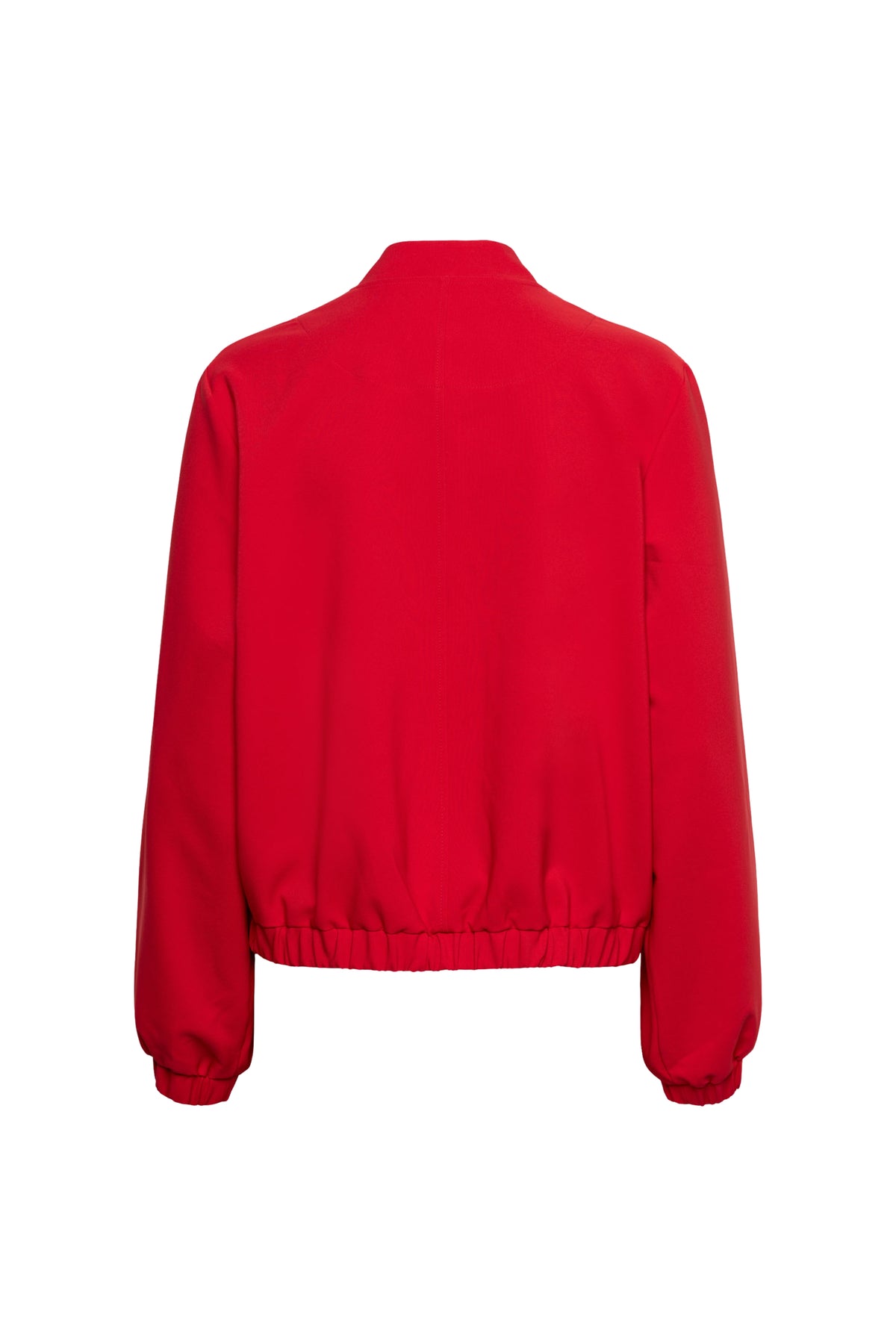 Rode Zelda JA151 jas voor dames van &Co woman, getoond op een model met close-up van de voorkant en details van de stof.