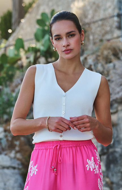 EsQualo Top Fake Placket Knit Offwhite HS26.07208 Stretchshop.nl