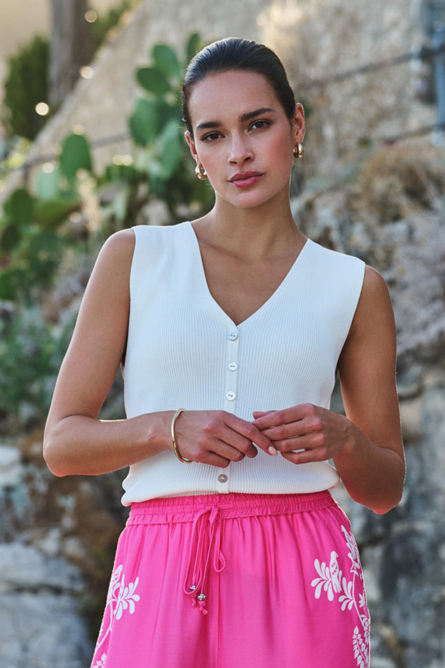 EsQualo Top Fake Placket Knit Offwhite HS26.07208 Stretchshop.nl