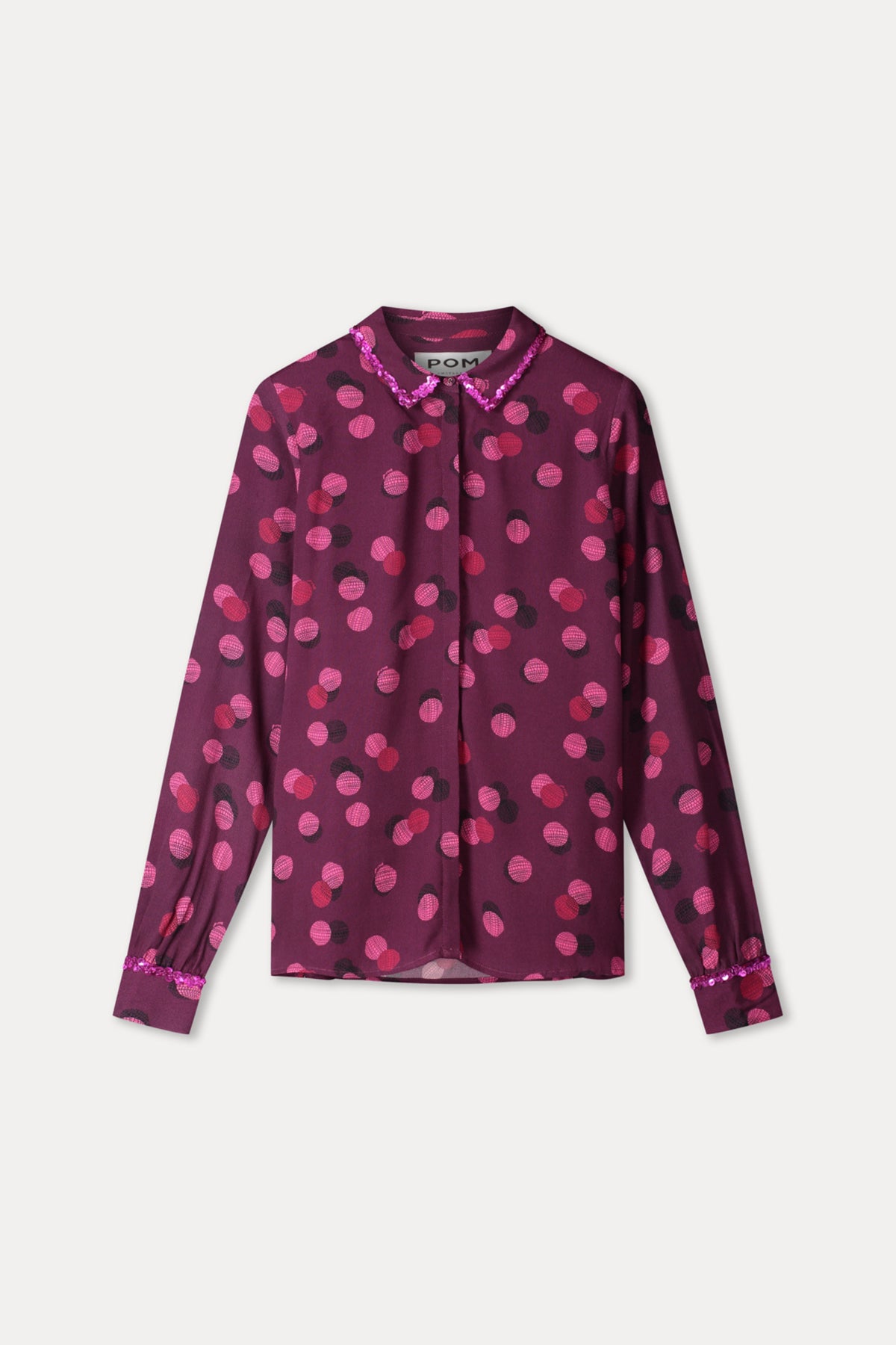Paars met witte stippen blouse Mila Disco Dots van POM Amsterdam, opvallende stijl met lange mouwen en knoopsluiting