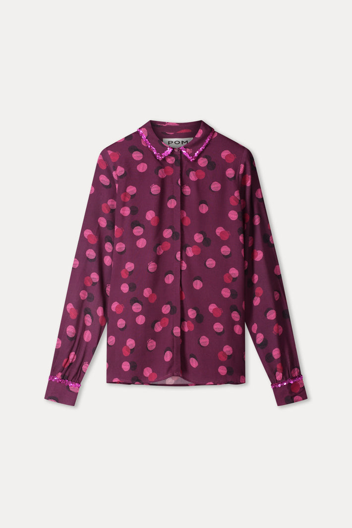 Paars met witte stippen blouse Mila Disco Dots van POM Amsterdam, opvallende stijl met lange mouwen en knoopsluiting