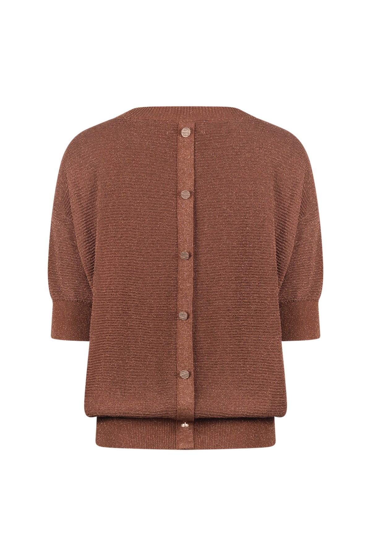 Luxe Kinty Lurex top van Nukus in espresso kleur, glanzende lurex details, gedragen door een model, close-up op de stof en textuur.