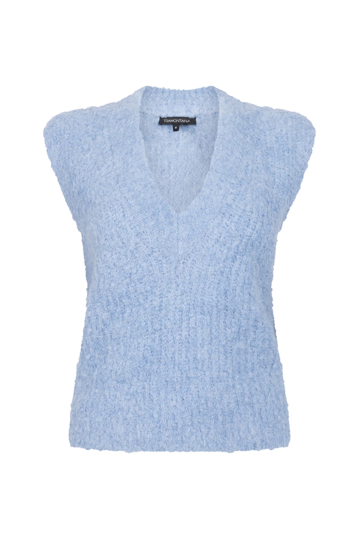 Blauwe, mouwloze boucle trui van Tramontana in Moody Blue Melange met los vallende pasvorm en zachte textuur.