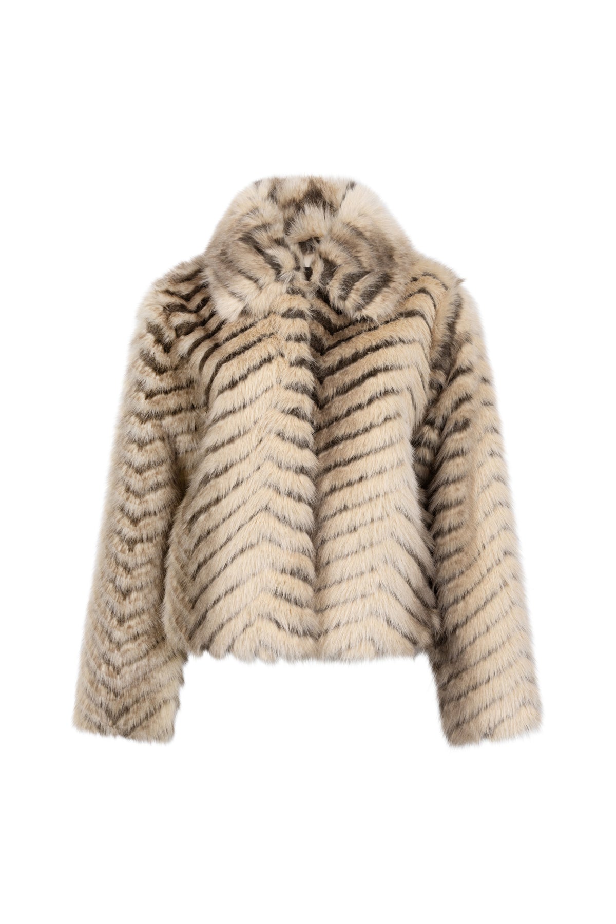 Luxe Tramontana winterjas met bontpatroon, gouden accenten, warme faux fur voor dames, stijlvolle wintermode.