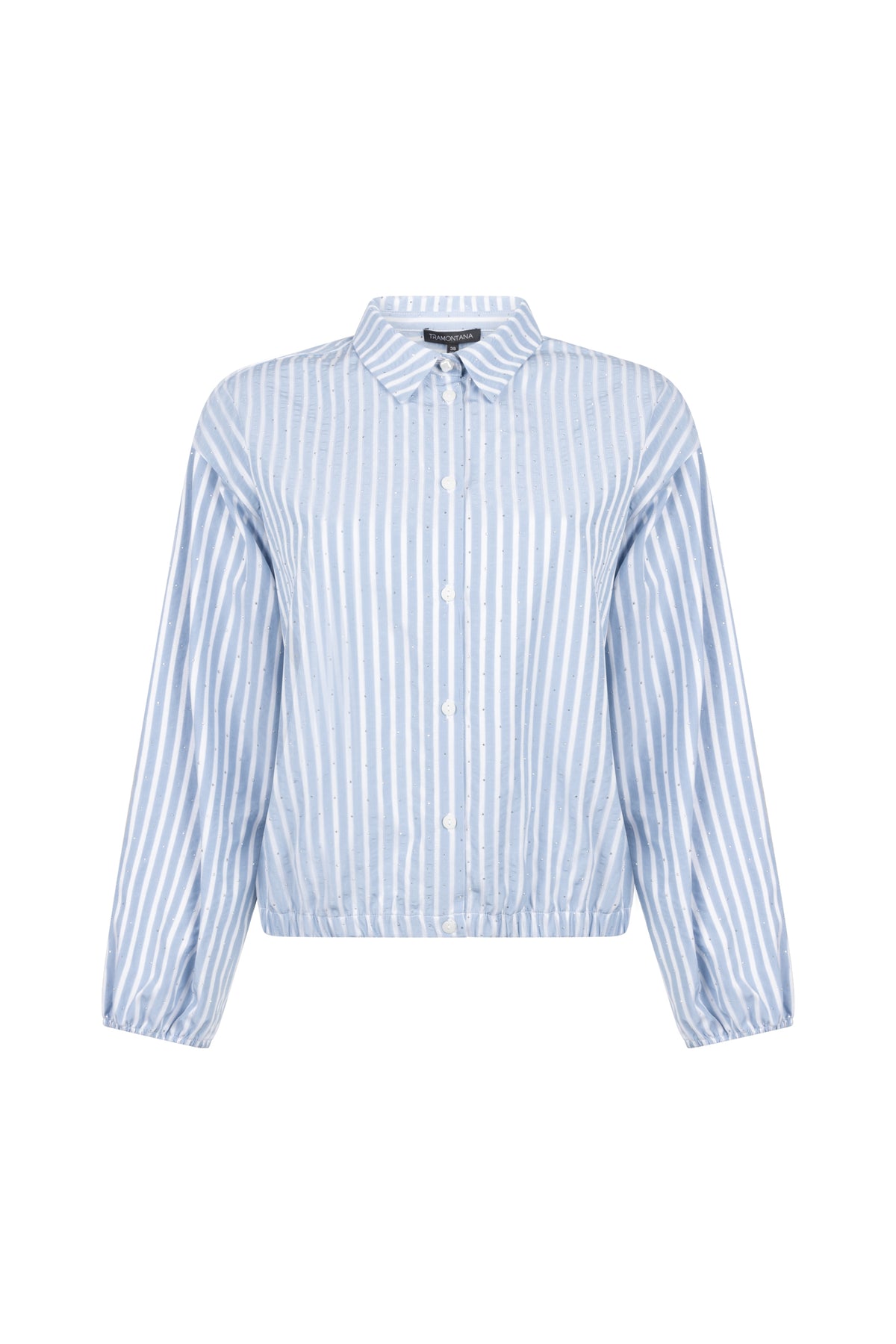 Blouse met blauwe en witte strepen, rhinestones en lange mouwen van Tramontana, stijlvolle en elegante damesblouse.