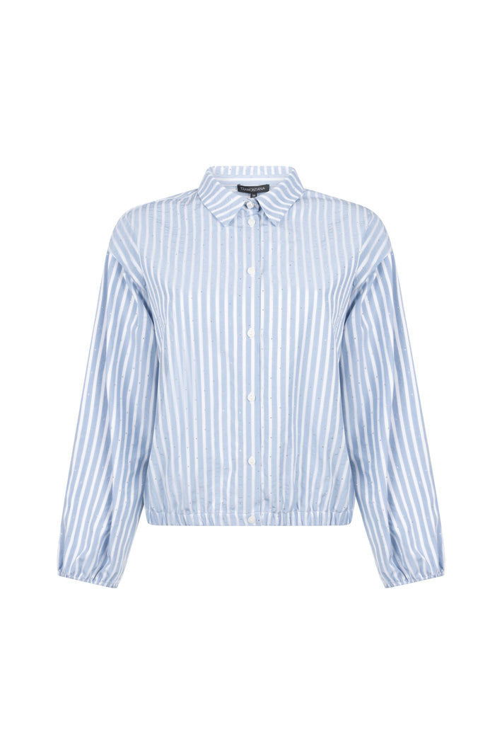 Blouse met blauwe en witte strepen, rhinestones en lange mouwen van Tramontana, stijlvolle en elegante damesblouse.