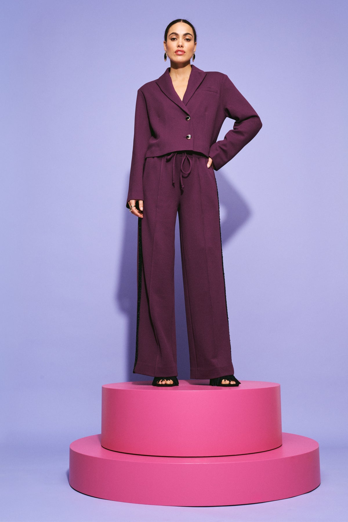 Leah Dark Plum paarse broek van POM Amsterdam, getailleerd met elastische taille en modieuze pasvorm, zichtbaar op de afbeelding.